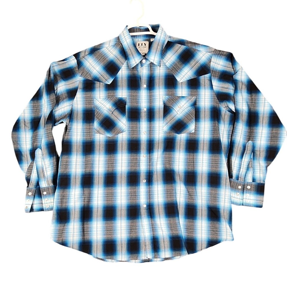 ELY Cattleman Mens XL‎ Plaid Western Shirt Long Sleeve Blue Black